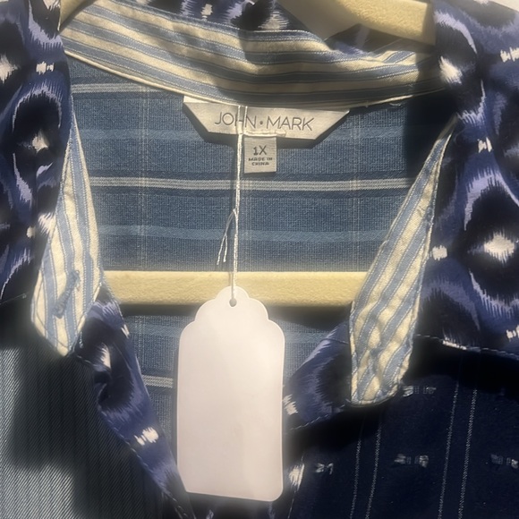 John Mark Blue and Cream Patchwork Button Down Shirt - Picture 3 of 3